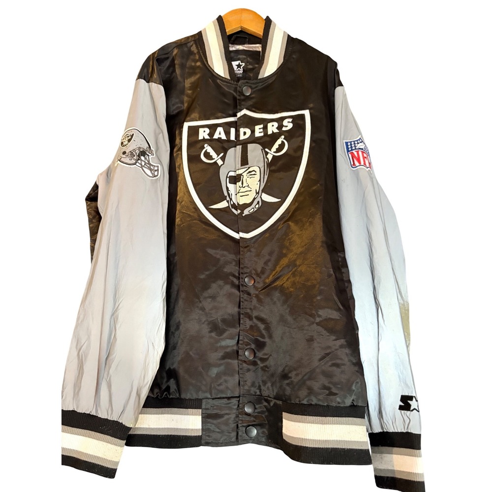 Starter Las Vegas Raiders Black Silver Satin Bomber Jacket Mens‎ XL NFL